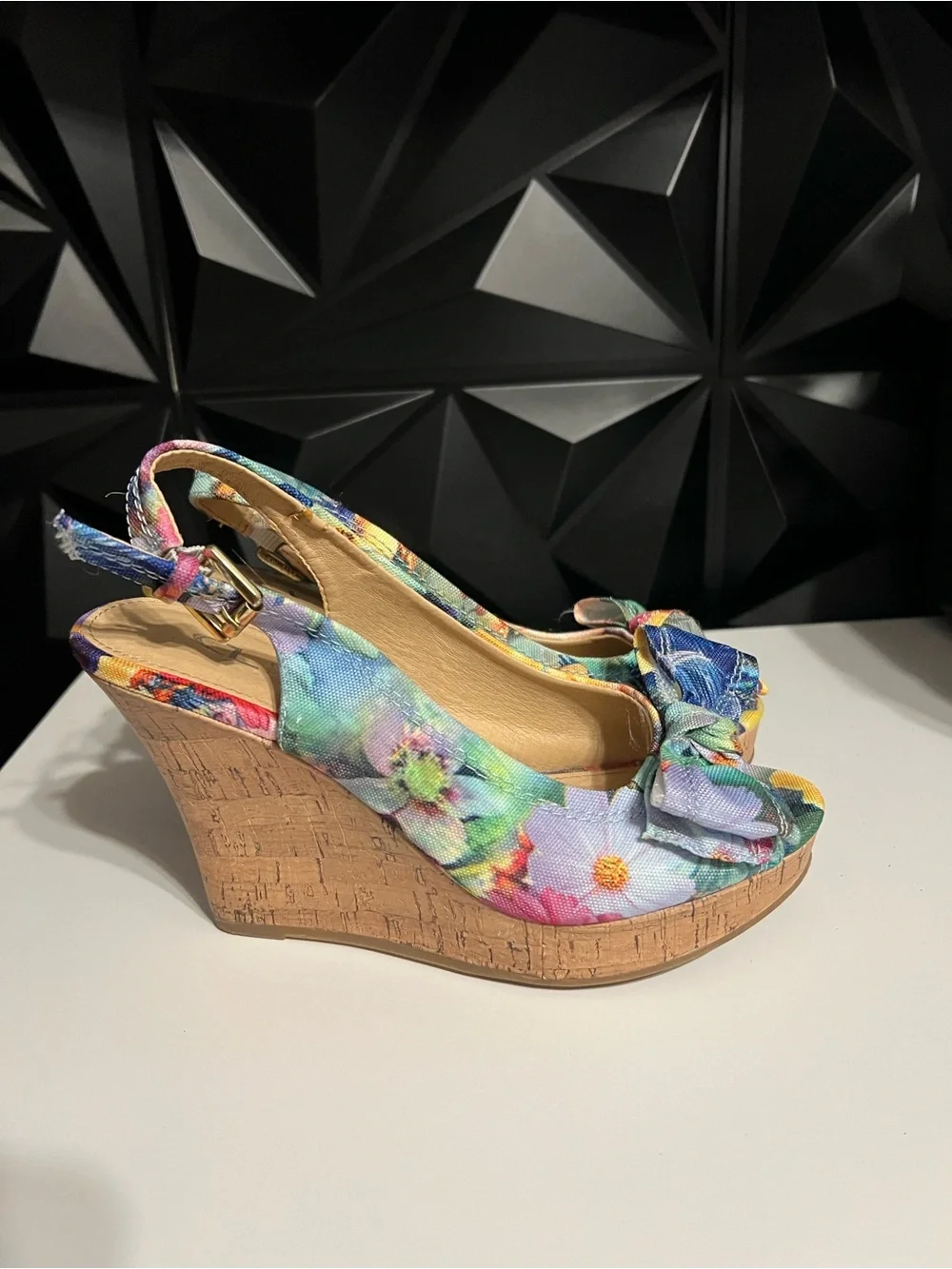 CL by Laundry Floral Bow Slingback Wedge Sandals in Multicolor
